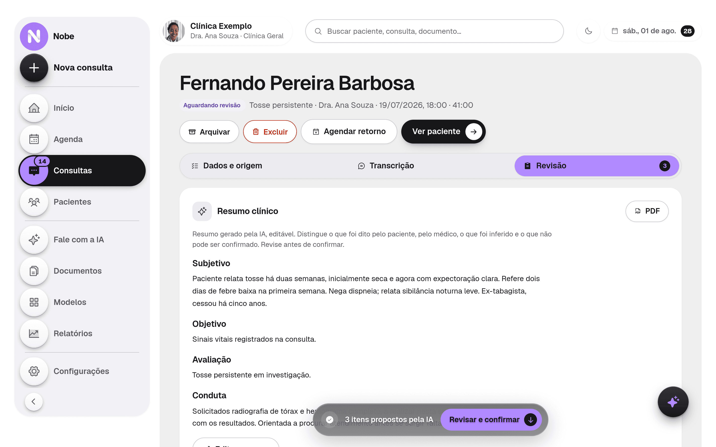 Consulta em revisão: resumo clínico, prescrição e atestado propostos pela IA